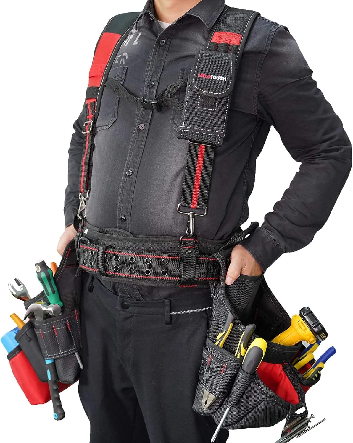 MELOTOUGH Pro Framer Combo System-Magnetic Tool Pouch Build Heavy Duty Carpenter Tool Belt and Multi Function Tool Belt Suspenders（red)