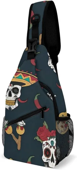 Men Women Sling Shoulder Backpack Foldable Unbalance Shoulder Chest Crossbody Bag - Guitar Pepper Sugar Skull Art Anti-Theft Multipurpose Rucksack Bookbag Backpack