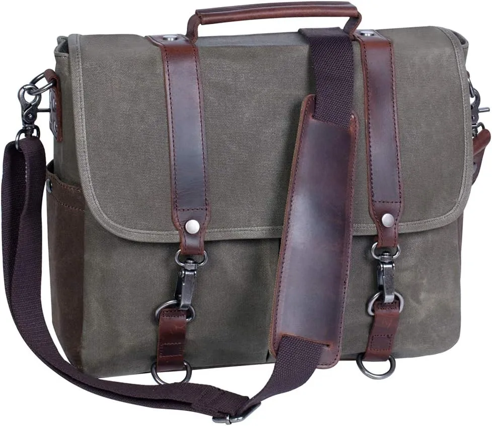 Mens Messenger Bag Waterproof Vintage Genuine Leather Waxed Canvas Briefcase Large Satchel Shoulder Bag Laptop Bag