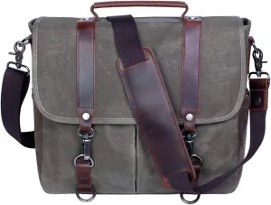 Mens Messenger Bag Waterproof Vintage Genuine Leather Waxed Canvas Briefcase Large Satchel Shoulder Bag Laptop Bag