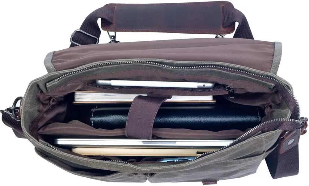 Mens Messenger Bag Waterproof Vintage Genuine Leather Waxed Canvas Briefcase Large Satchel Shoulder Bag Laptop Bag