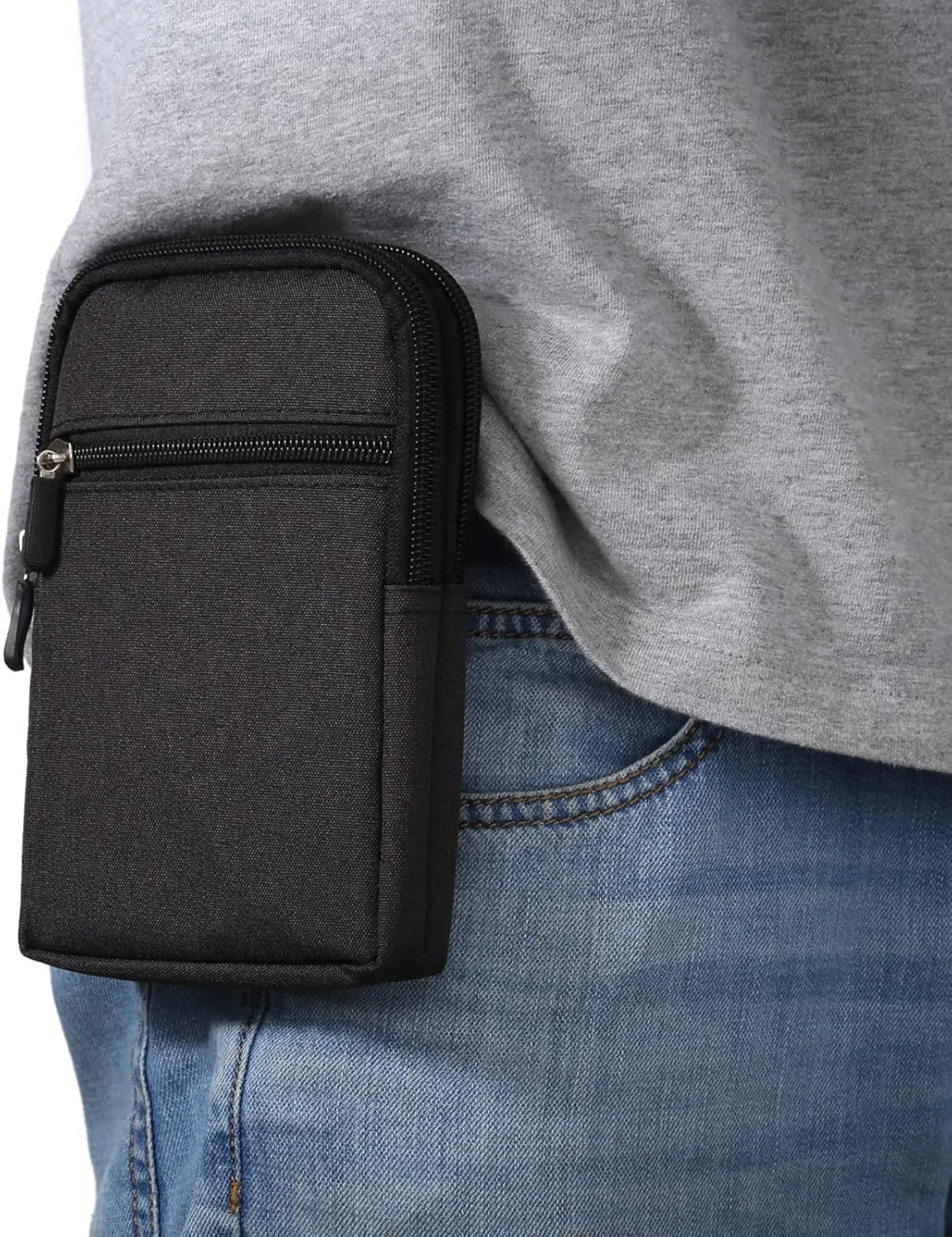 Men's Mobile Phone Holster with Belt Clip, Cell Phone Belt Bag Black, Smartphone Waist Bag Zipper Mobile Phone Holster Waist Pouch Fanny Pack Wallet with Carabiner Belt Loop for Outdoor Sport Travel