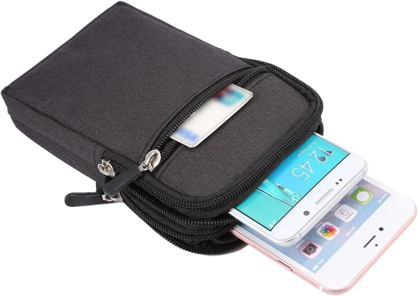 Men's Mobile Phone Holster with Belt Clip, Cell Phone Belt Bag Black, Smartphone Waist Bag Zipper Mobile Phone Holster Waist Pouch Fanny Pack Wallet with Carabiner Belt Loop for Outdoor Sport Travel