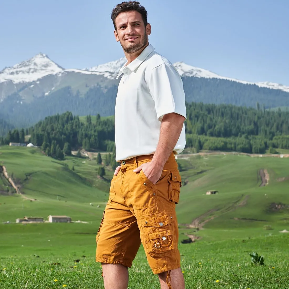 Men's Ripstop Cargo Shorts-Long Cotton Twill Straight Leg for Work Outdoor