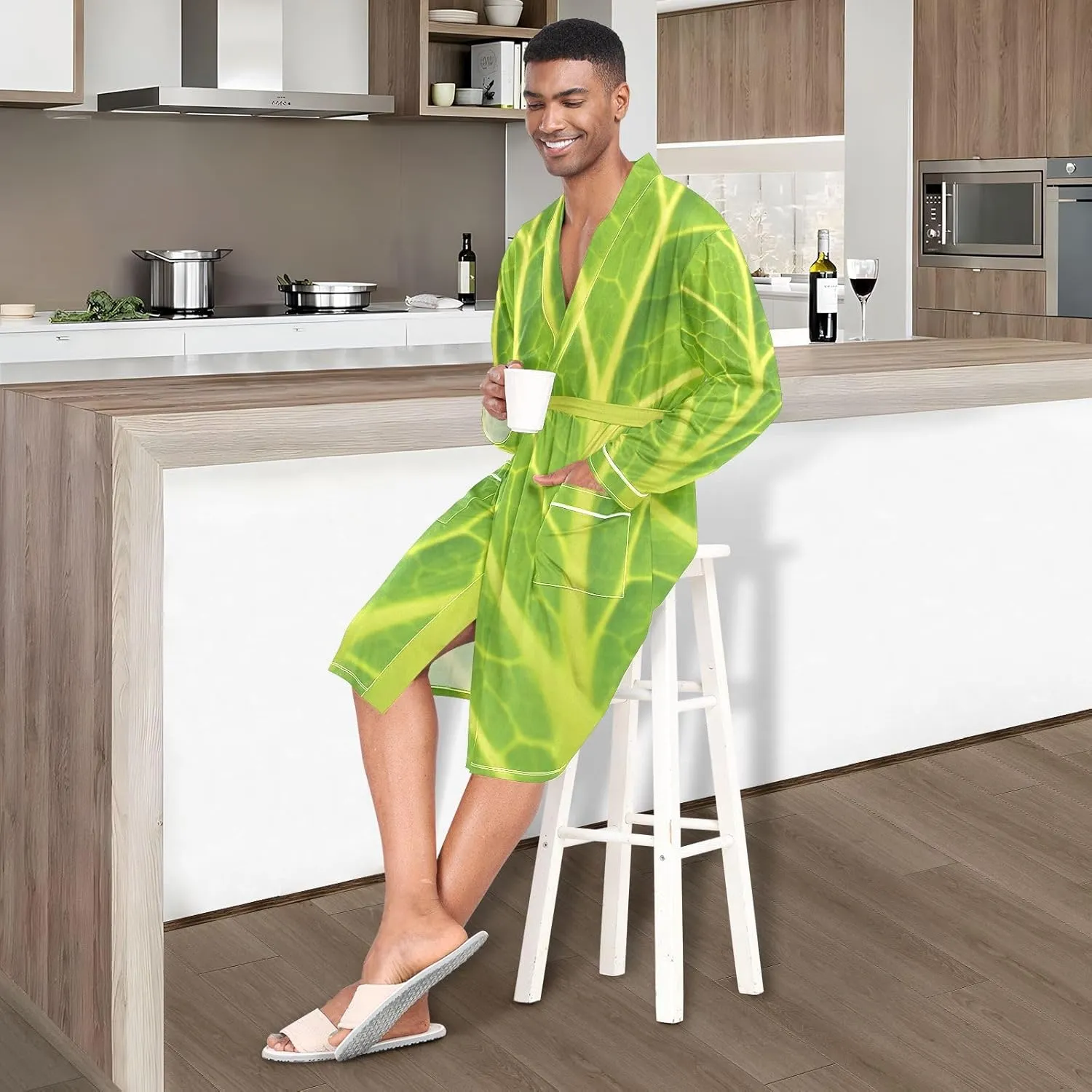 Men's Robe Lightweight Long Sleeve Kimono Bathrobe with Pockets Green Cabbage Leaf Nightgown Shower Robe
