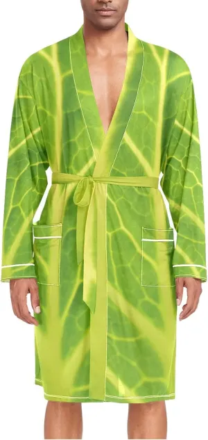 Men's Robe Lightweight Long Sleeve Kimono Bathrobe with Pockets Green Cabbage Leaf Nightgown Shower Robe
