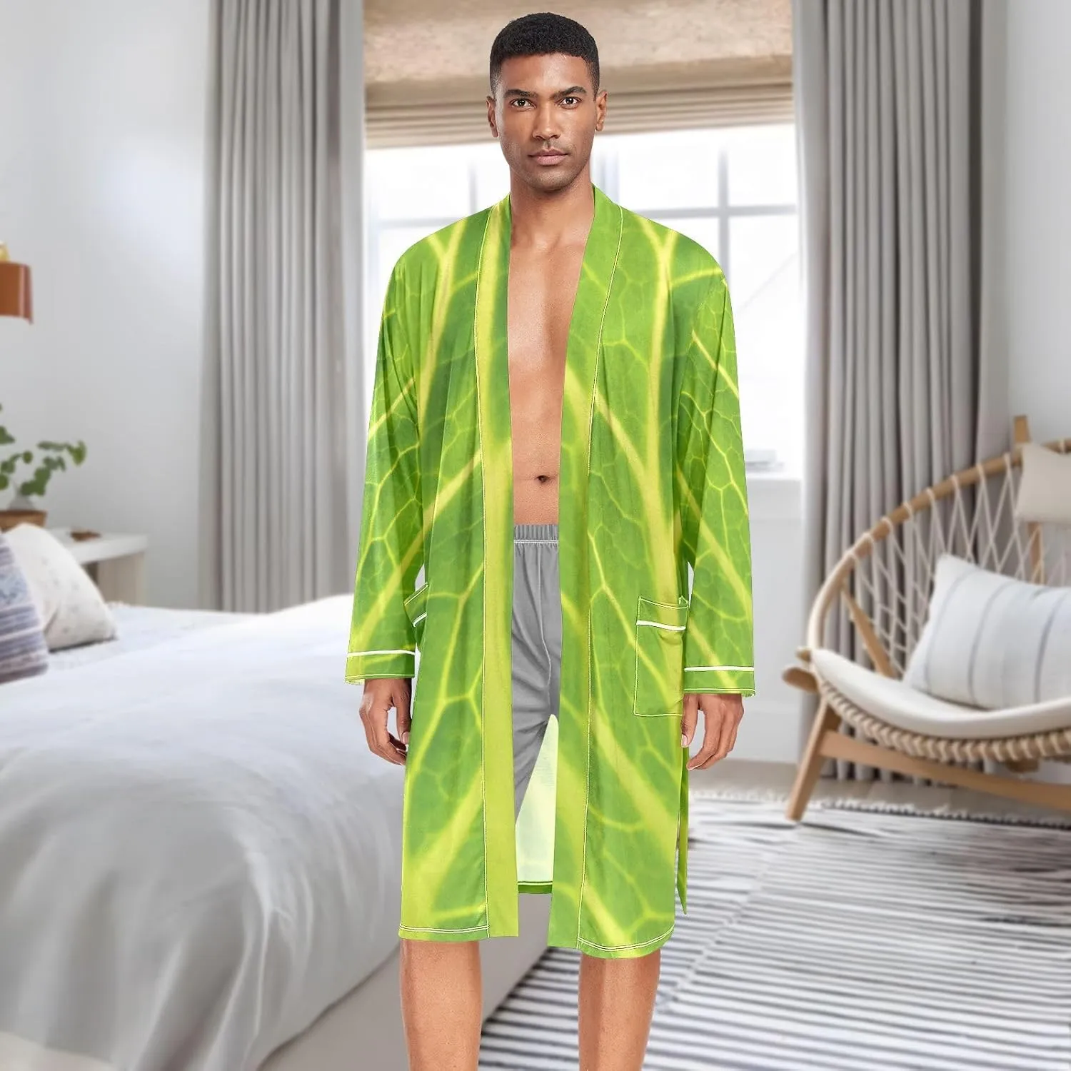 Men's Robe Lightweight Long Sleeve Kimono Bathrobe with Pockets Green Cabbage Leaf Nightgown Shower Robe