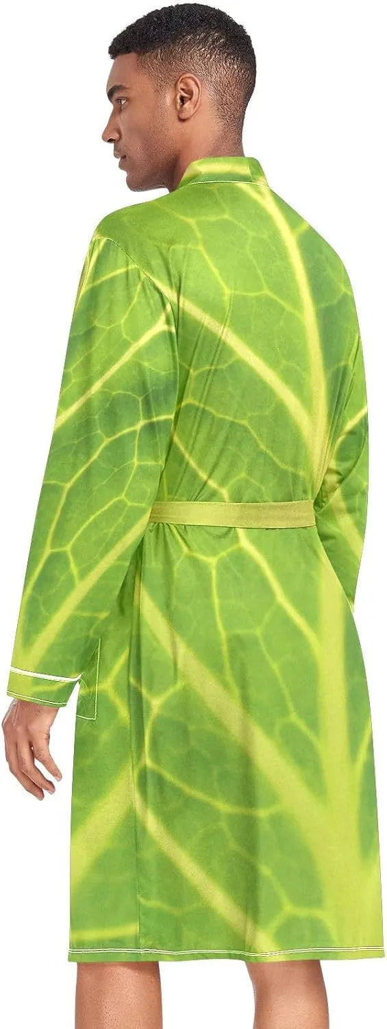 Men's Robe Lightweight Long Sleeve Kimono Bathrobe with Pockets Green Cabbage Leaf Nightgown Shower Robe