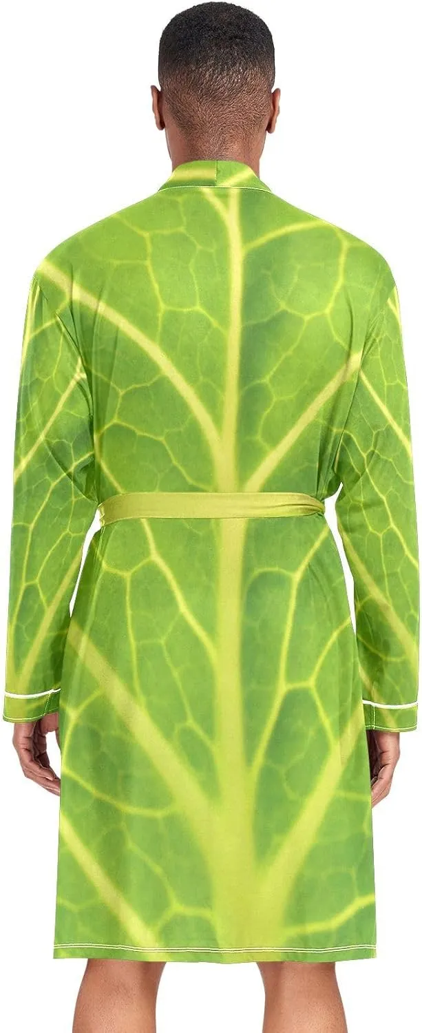 Men's Robe Lightweight Long Sleeve Kimono Bathrobe with Pockets Green Cabbage Leaf Nightgown Shower Robe