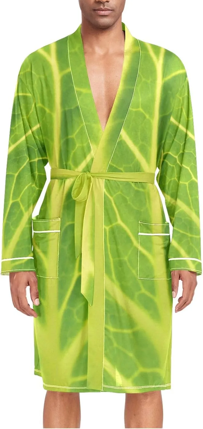 Men's Robe Lightweight Long Sleeve Kimono Bathrobe with Pockets Green Cabbage Leaf Nightgown Shower Robe