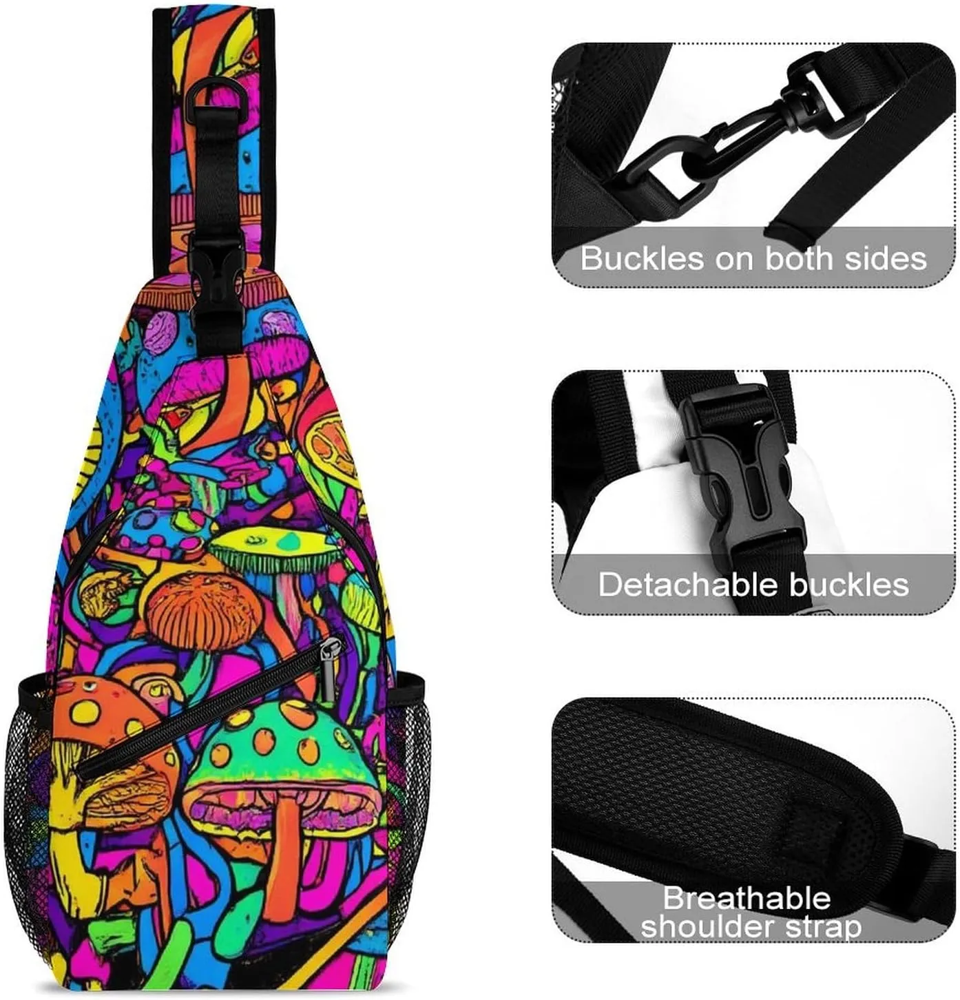 Men's Sling Backpack Packable Unbalance Shoulder Crossbody Bag Chest Pack - Trippy Mushrooms Art Multipurpose Anti-Theft Backpacking Bag With Adjustable Shoulder Strap