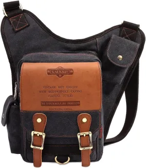 Mens Vintage Canvas Shoulder Messenger Bag Chest Leather Patchwork Messenger Bag