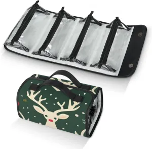Merry Christmas Reindeer Travel Toiletry Bag for Women, 4 in 1 Roll Up Makeup Cosmetic Bag With 4 Removable PVC Zipper Pouch