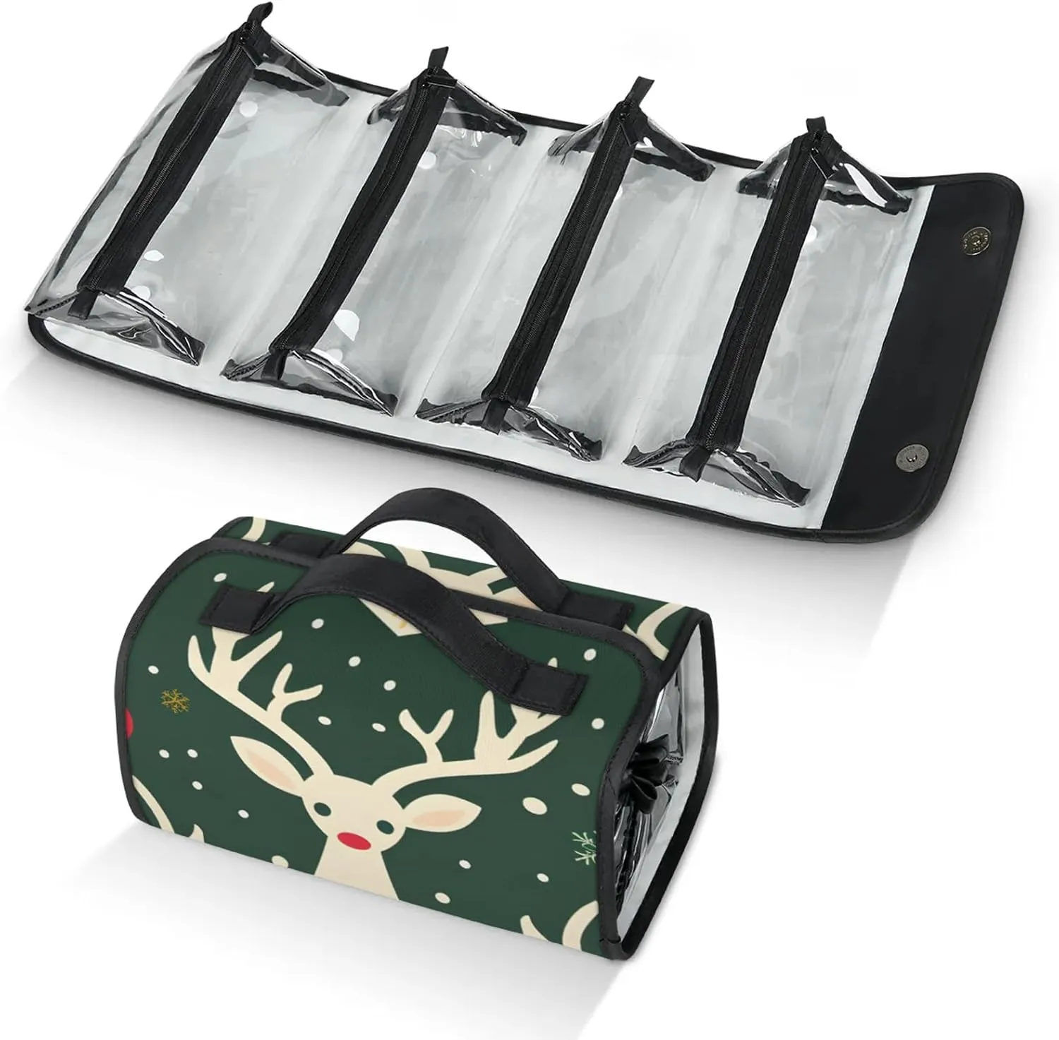 Merry Christmas Reindeer Travel Toiletry Bag for Women, 4 in 1 Roll Up Makeup Cosmetic Bag With 4 Removable PVC Zipper Pouch