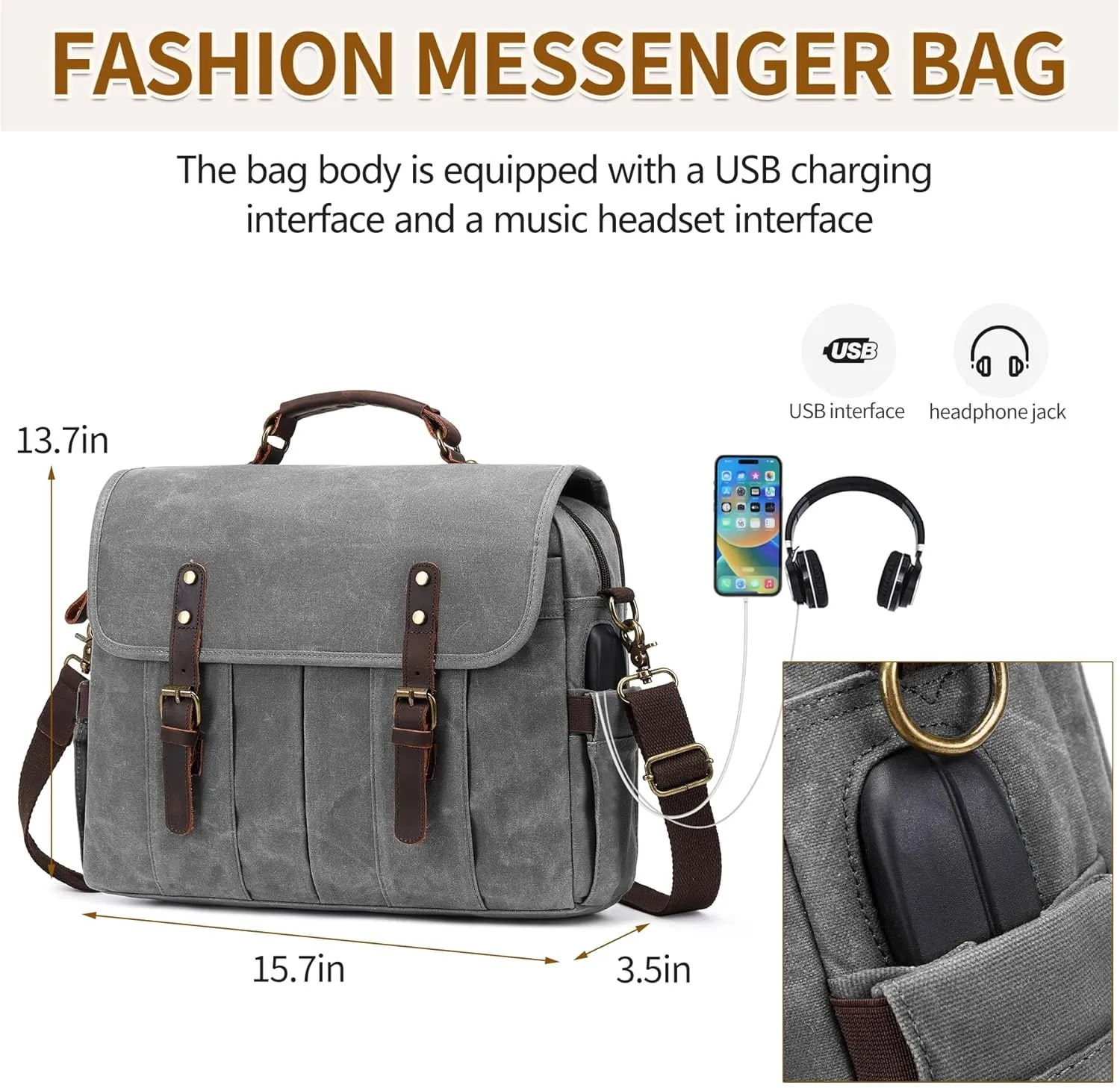 Messenger Bag for Men 15.6 Inch Vintage Canvas Genuine Leather Briefcase for Men Laptop Bag Satchel Shoulder Bag