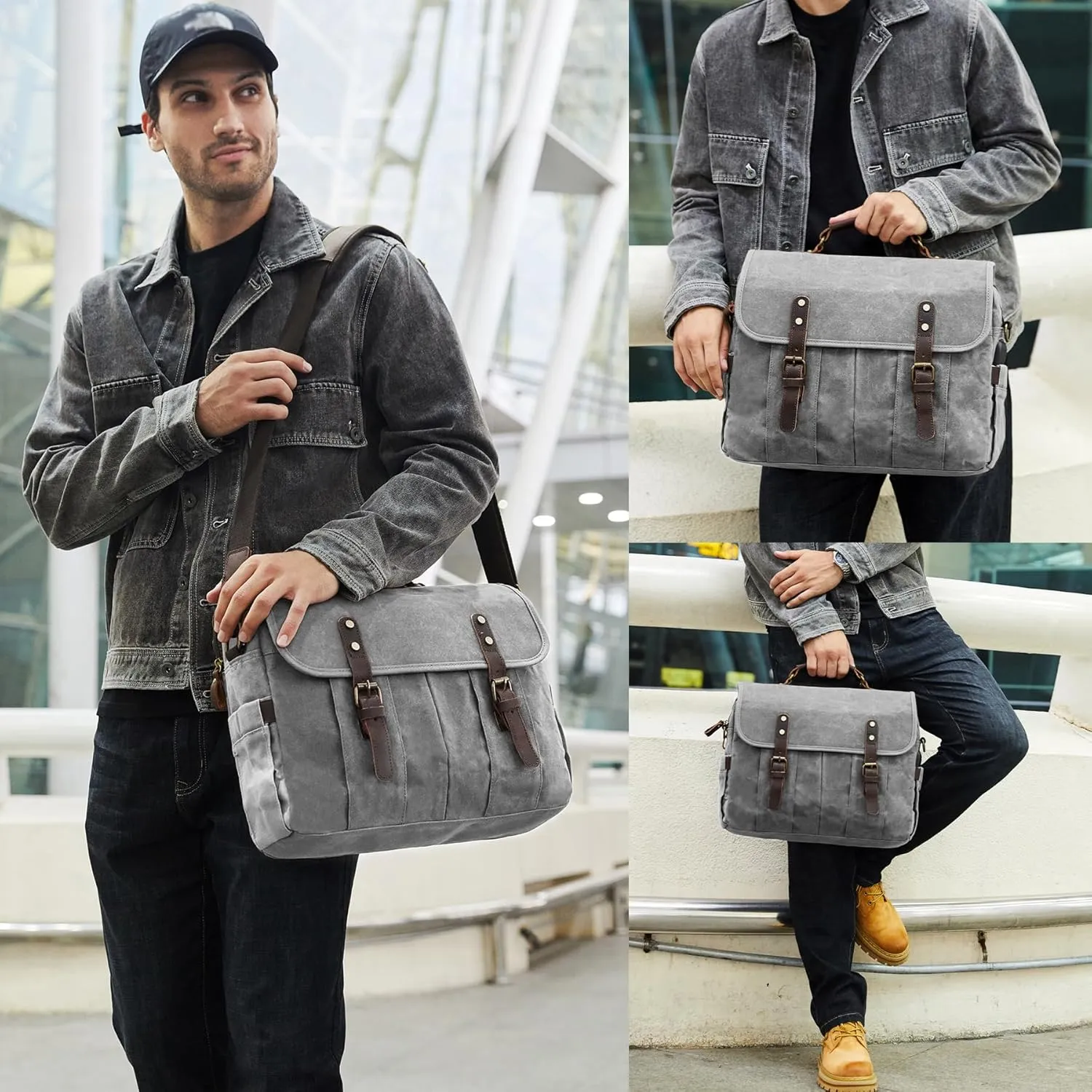Messenger Bag for Men 15.6 Inch Vintage Canvas Genuine Leather Briefcase for Men Laptop Bag Satchel Shoulder Bag