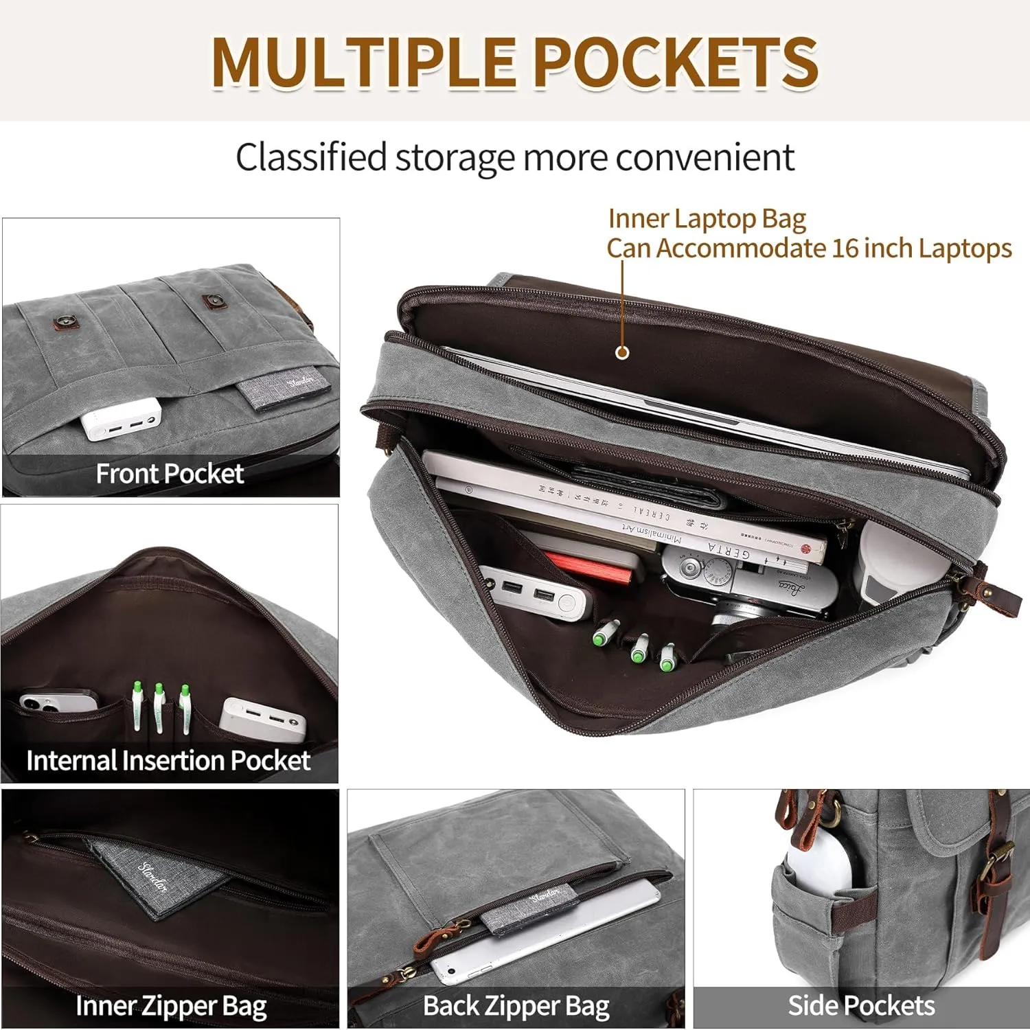 Messenger Bag for Men 15.6 Inch Vintage Canvas Genuine Leather Briefcase for Men Laptop Bag Satchel Shoulder Bag