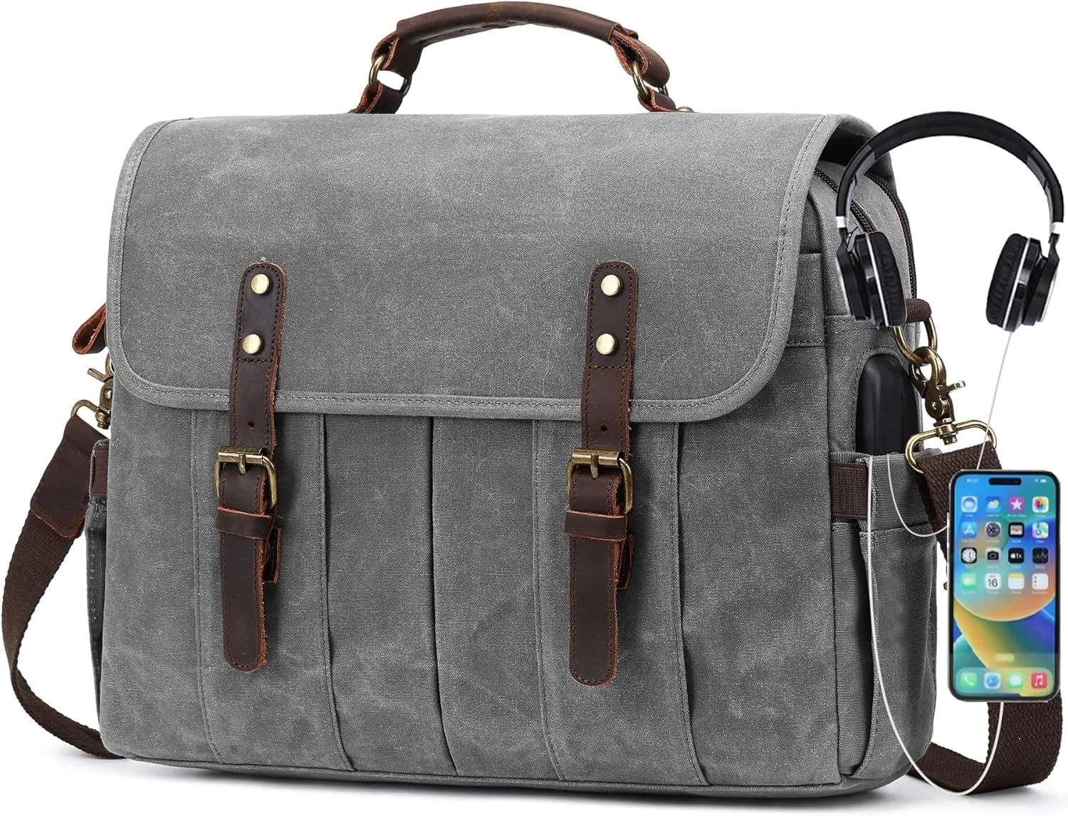 Messenger Bag for Men 15.6 Inch Vintage Canvas Genuine Leather Briefcase for Men Laptop Bag Satchel Shoulder Bag