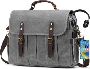 Messenger Bag for Men 15.6 Inch Vintage Canvas Genuine Leather Briefcase for Men Laptop Bag Satchel Shoulder Bag