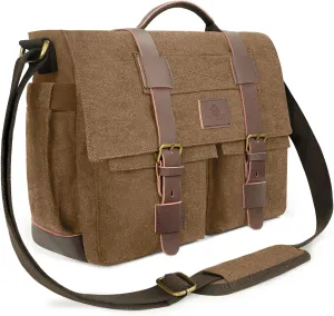 Messenger Bag for Men,13-14 Inch Laptop Bag, Vintage Water-resistant Waxed Canvas Satchel Bags, Leather Briefcase for School Work Travel (Brown)
