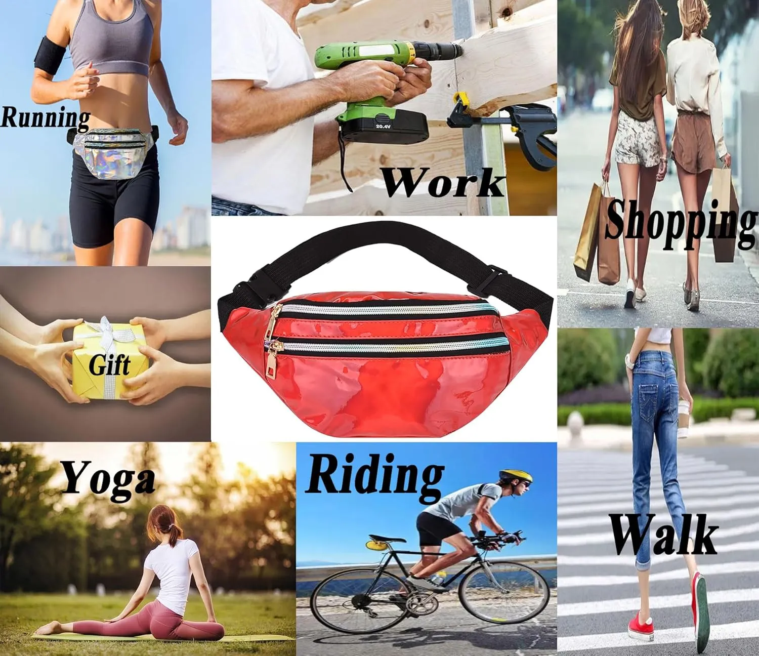 Metallic Color Holographic Fanny Pack Shiny Waist Packs Waterproof Belt Bag with Adjustable Belt for Women Men (Red)