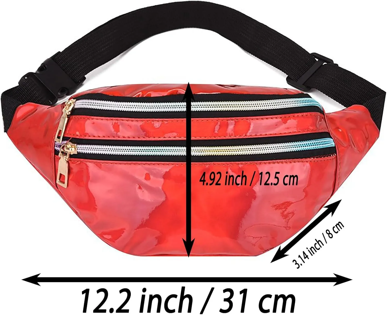 Metallic Color Holographic Fanny Pack Shiny Waist Packs Waterproof Belt Bag with Adjustable Belt for Women Men (Red)
