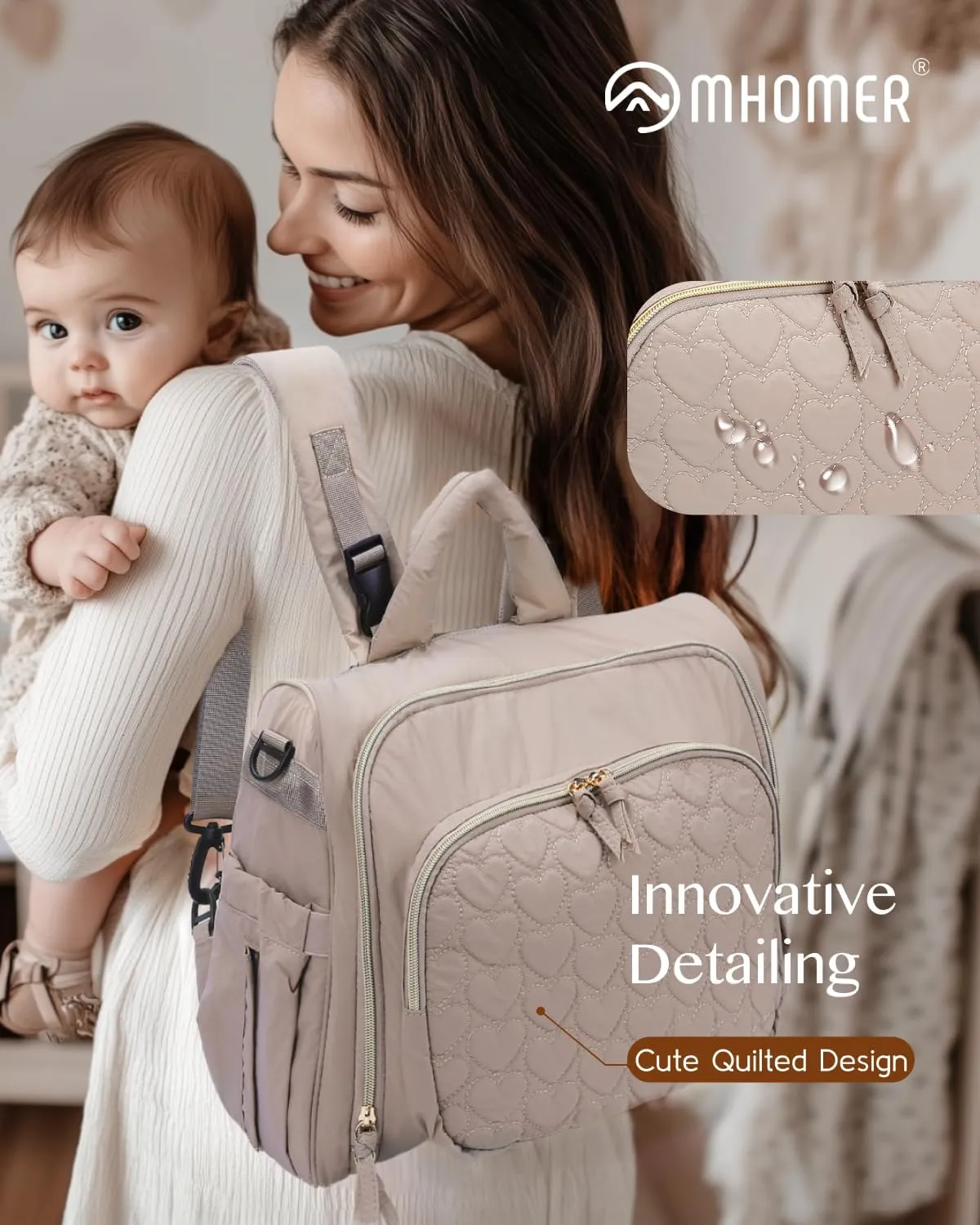 MHOMER Diaper Bag Backpack Puffer Lightweight 3 in 1 Wide Open Small Diaper Bag Tote for Travel with Changing Pad Shoulder Straps,Beige