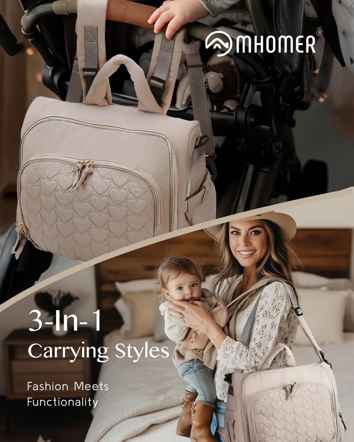 MHOMER Diaper Bag Backpack Puffer Lightweight 3 in 1 Wide Open Small Diaper Bag Tote for Travel with Changing Pad Shoulder Straps,Beige