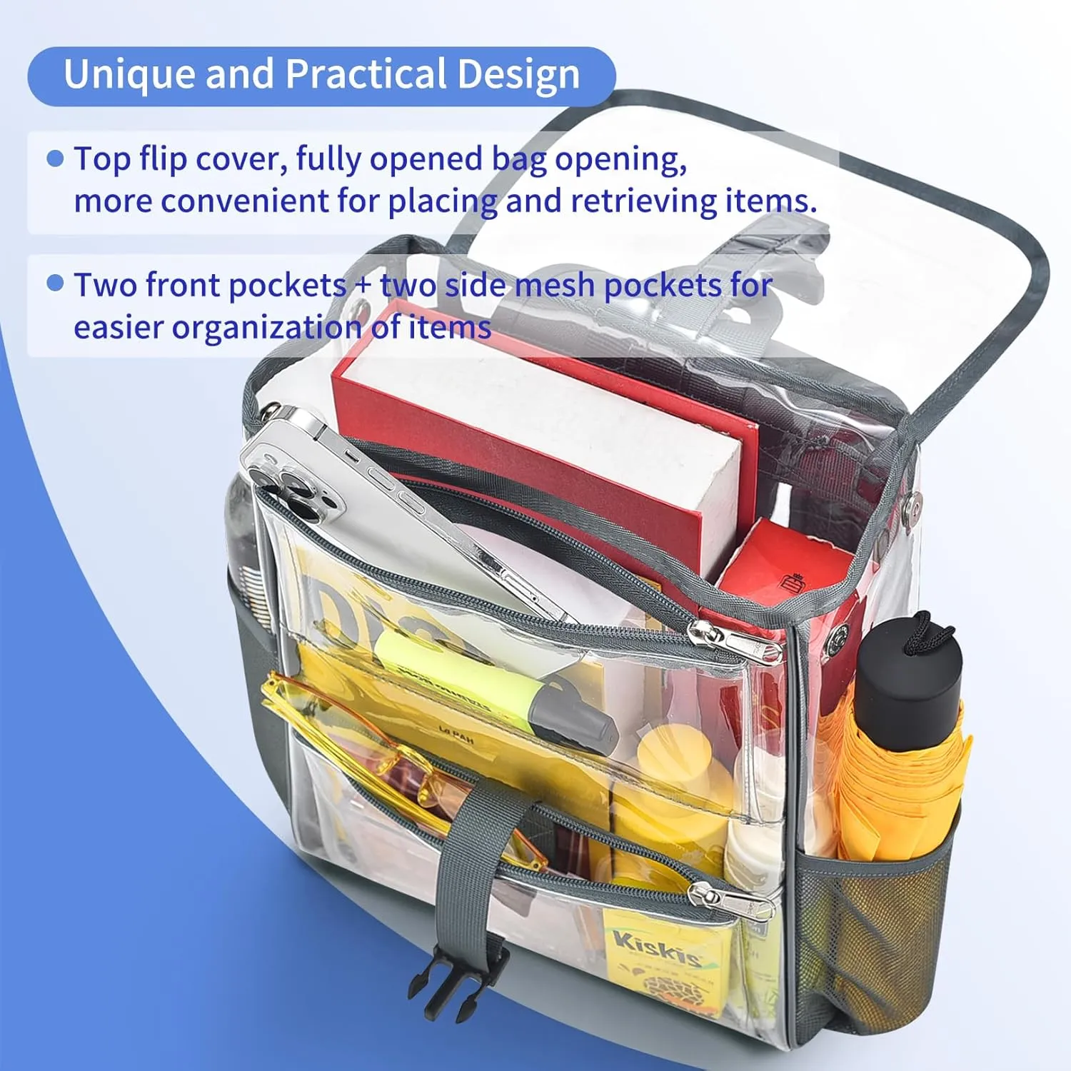 Mildbeer Clear Backpack for Stadium Events, Concerts & Travel - 12x12x6 Compact Grey PVC Backpack with Multi-Pocket Design