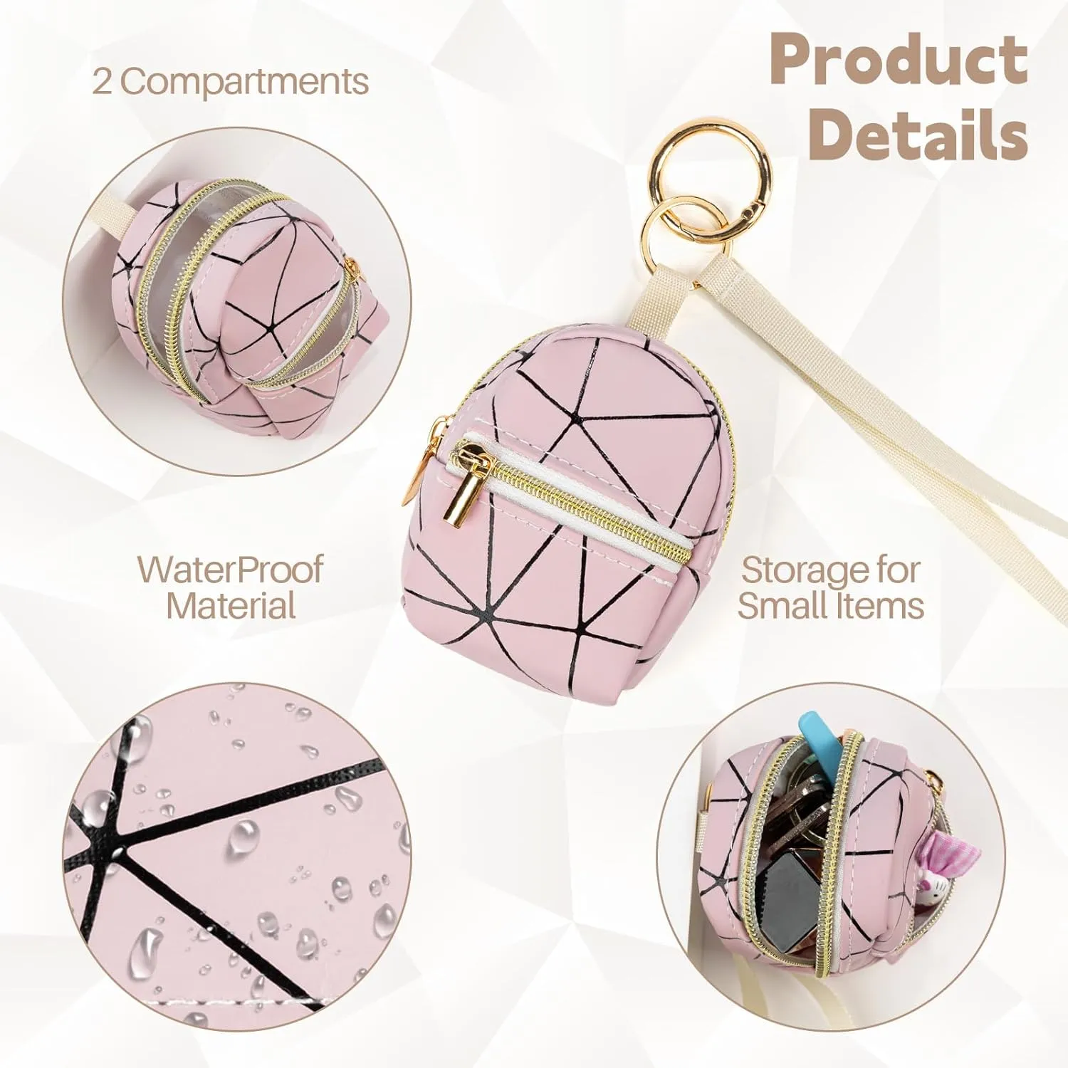 Mini Backpack Keychain, Cute Cosmetic Bag for Purse, PU Leather Makeup Bag Zipper Pouch for Girls Women Daily Use (Black/Beige/Pink)