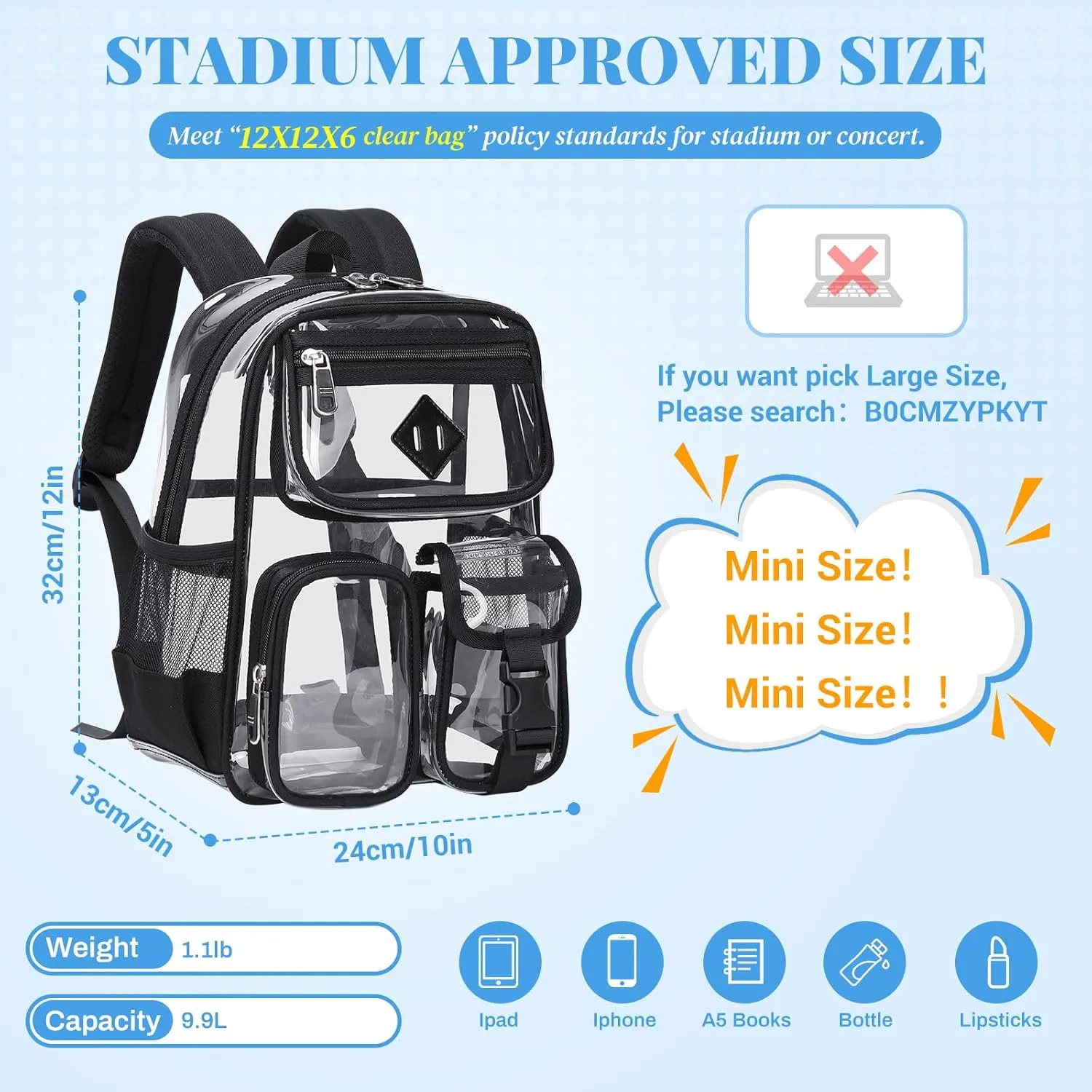 Mini Clear Backpack for Stadium Events Clear Bag Small Transparent Bookbag for Kids Girls Women for Concert, Sporting Events, Festival, Black