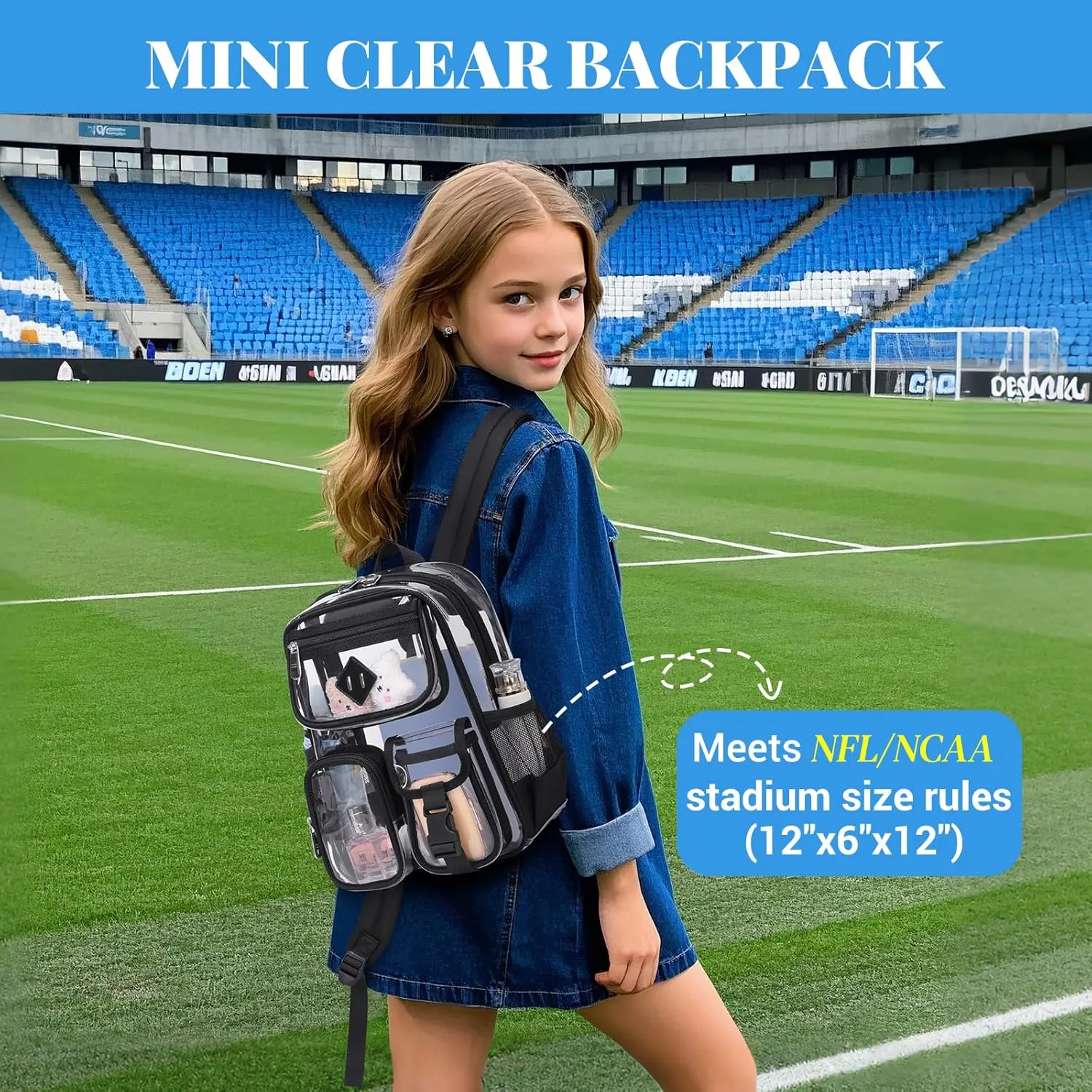 Mini Clear Backpack for Stadium Events Clear Bag Small Transparent Bookbag for Kids Girls Women for Concert, Sporting Events, Festival, Black
