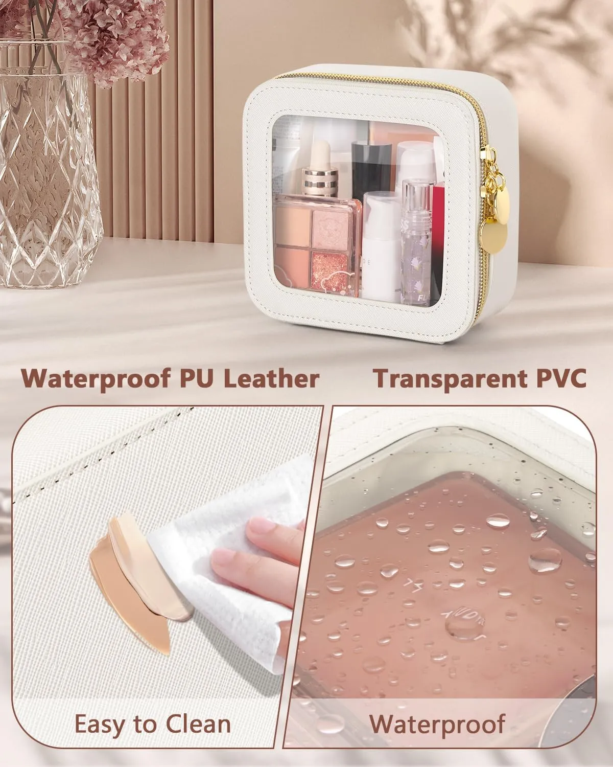 Mini Makeup Bag, Small Makeup Bag for Purse, Waterproof Clear Makeup bag, Leather Cosmetic Bag, Square Make Up Bag Pouch, Toiletry Bag for Travel, Car and Women, Beige