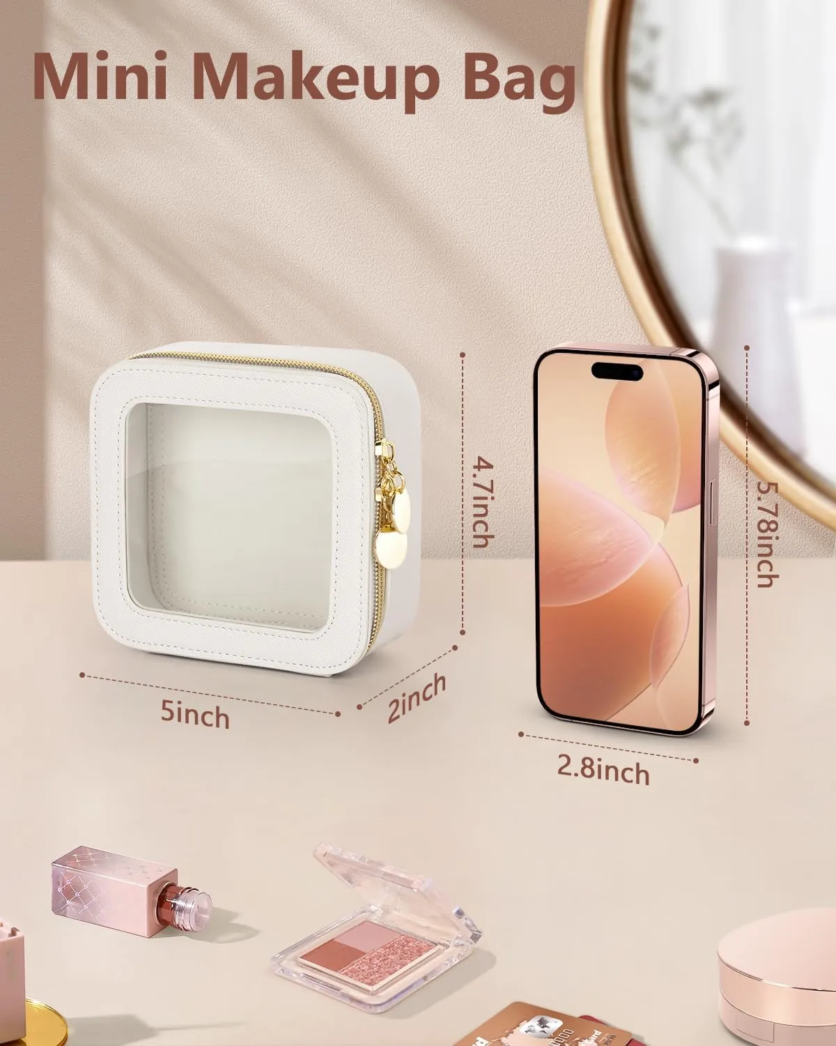Mini Makeup Bag, Small Makeup Bag for Purse, Waterproof Clear Makeup bag, Leather Cosmetic Bag, Square Make Up Bag Pouch, Toiletry Bag for Travel, Car and Women, Beige