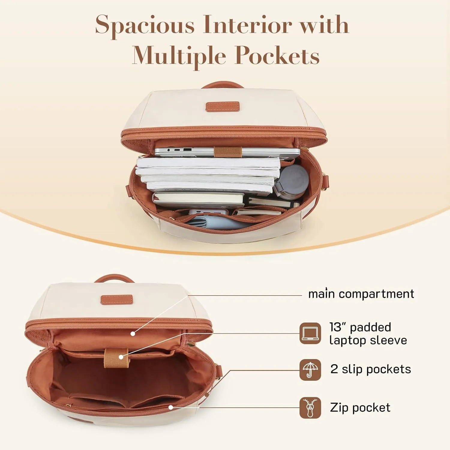 Missnine Backpack Purse for Women, Travel Backpack with Secured Zipper, Convertible Designer Satchel Bag, Lightweight Rucksack for Work, College, Gym, Hiking, Brown Beige
