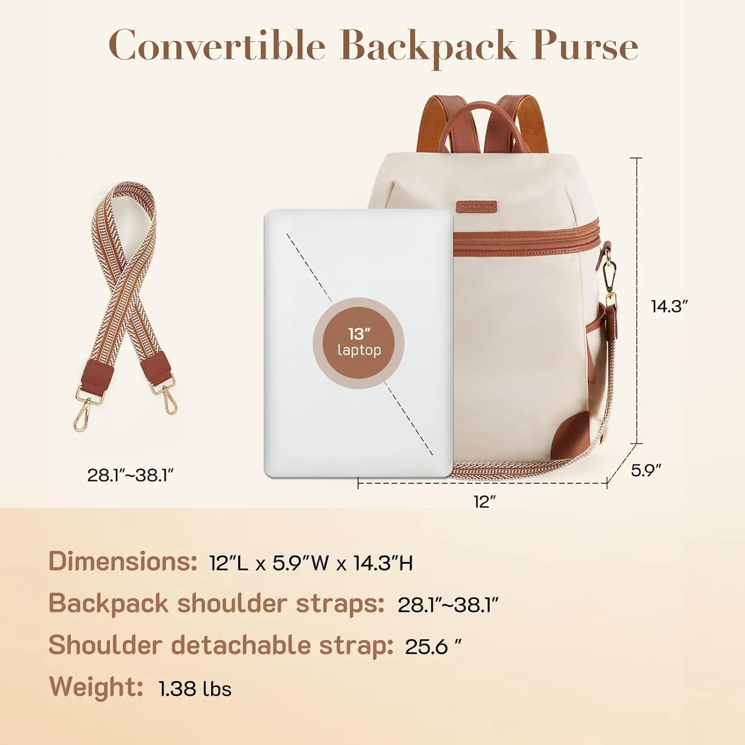 Missnine Backpack Purse for Women, Travel Backpack with Secured Zipper, Convertible Designer Satchel Bag, Lightweight Rucksack for Work, College, Gym, Hiking, Brown Beige