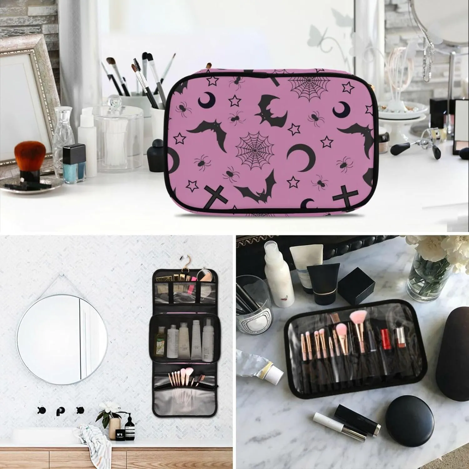 MNSRUU 3 PCS Toiletry Bag, Cross and Bat Hanging Makeup Bag for Toiletries Goth Travel Toiletry Organizer Bags Portable Clear Toiletry Kit