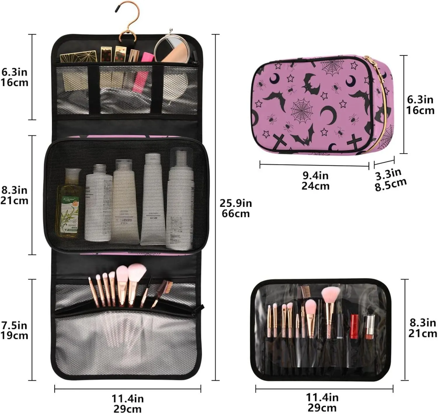 MNSRUU 3 PCS Toiletry Bag, Cross and Bat Hanging Makeup Bag for Toiletries Goth Travel Toiletry Organizer Bags Portable Clear Toiletry Kit
