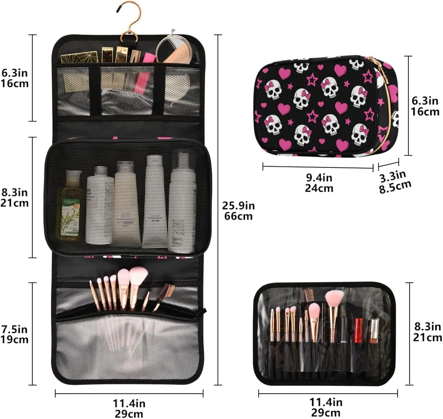 MNSRUU 3 PCS Toiletry Bag, White Skull Black Hanging Makeup Bag for Toiletries Travel Toiletry Organizer Bags Portable Clear Toiletry Kit