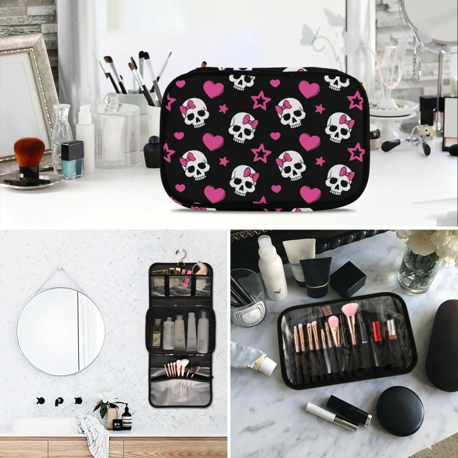 MNSRUU 3 PCS Toiletry Bag, White Skull Black Hanging Makeup Bag for Toiletries Travel Toiletry Organizer Bags Portable Clear Toiletry Kit