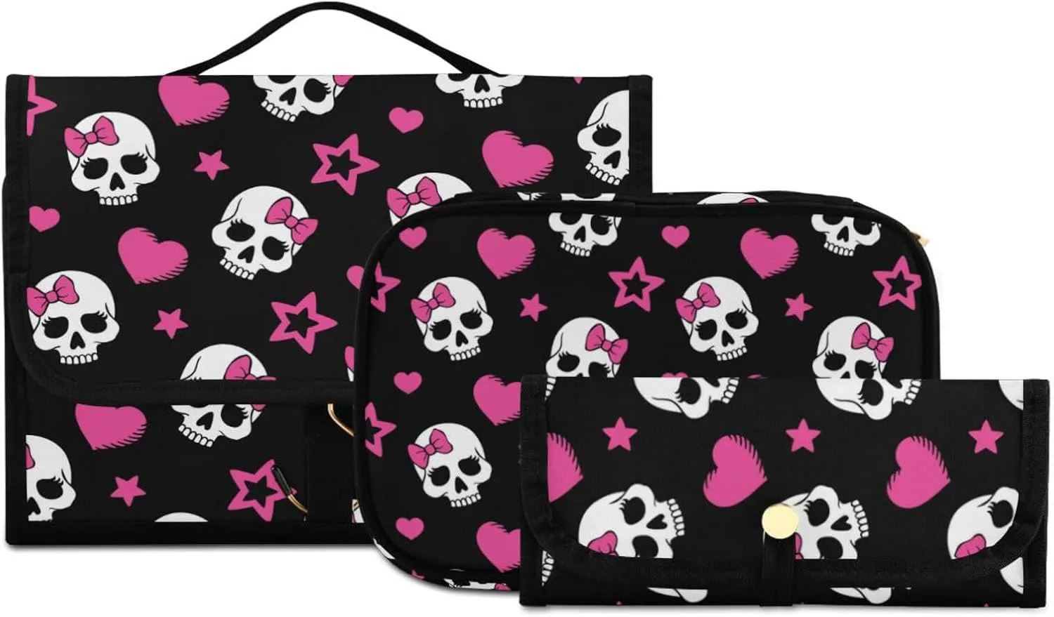 MNSRUU 3 PCS Toiletry Bag, White Skull Black Hanging Makeup Bag for Toiletries Travel Toiletry Organizer Bags Portable Clear Toiletry Kit
