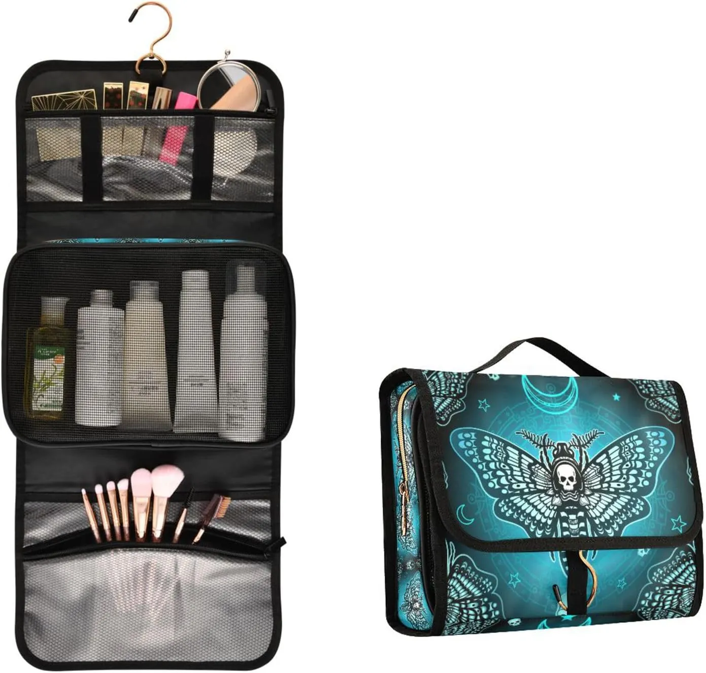 MNSRUU Goth Toiletry Bag Butterfly Skull Makeup Bag Gothic Hanging Travel Bag for Toiletries 3 PCS Toiletry Organizer Portable Makeup Cosmetic Bag Brushes Set