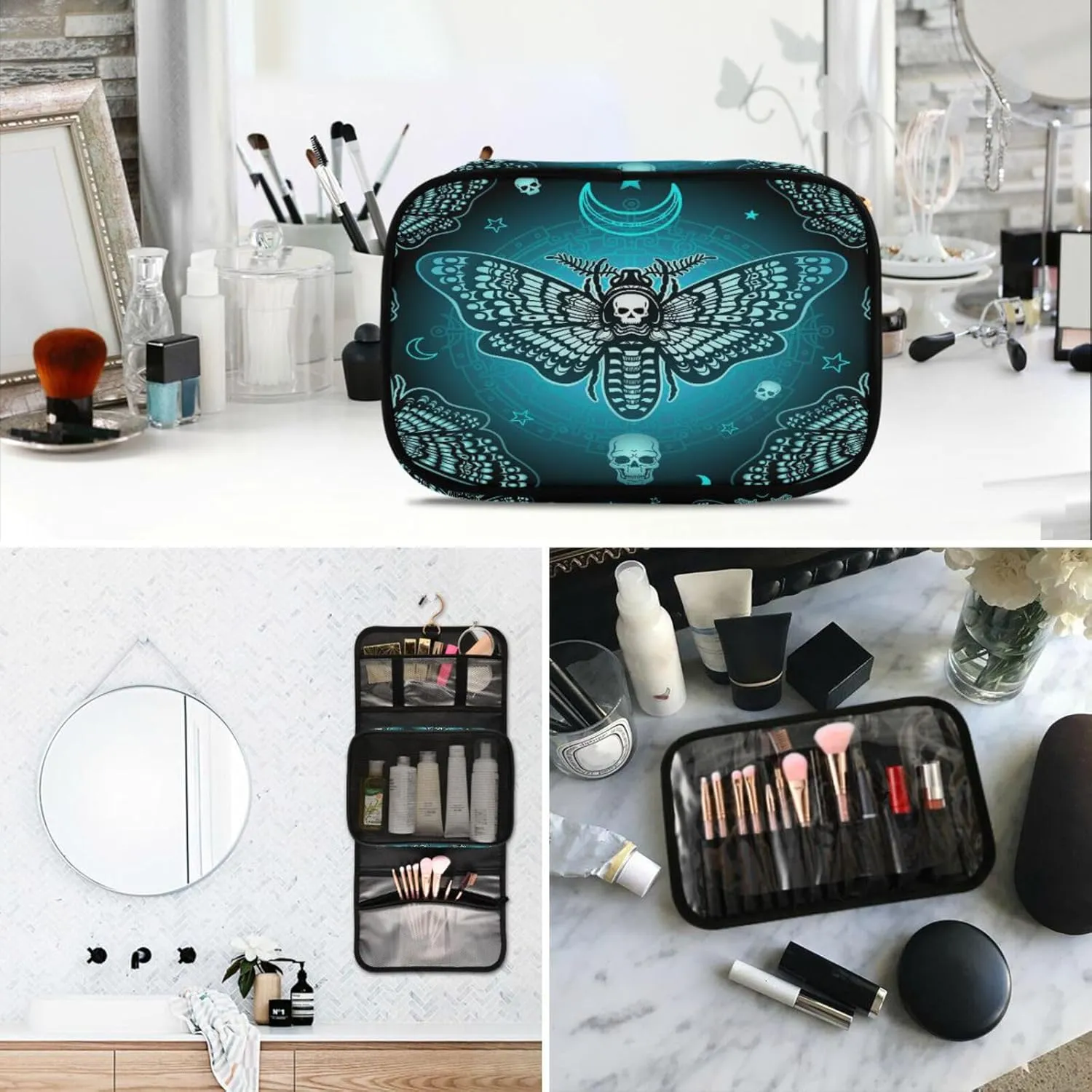 MNSRUU Goth Toiletry Bag Butterfly Skull Makeup Bag Gothic Hanging Travel Bag for Toiletries 3 PCS Toiletry Organizer Portable Makeup Cosmetic Bag Brushes Set