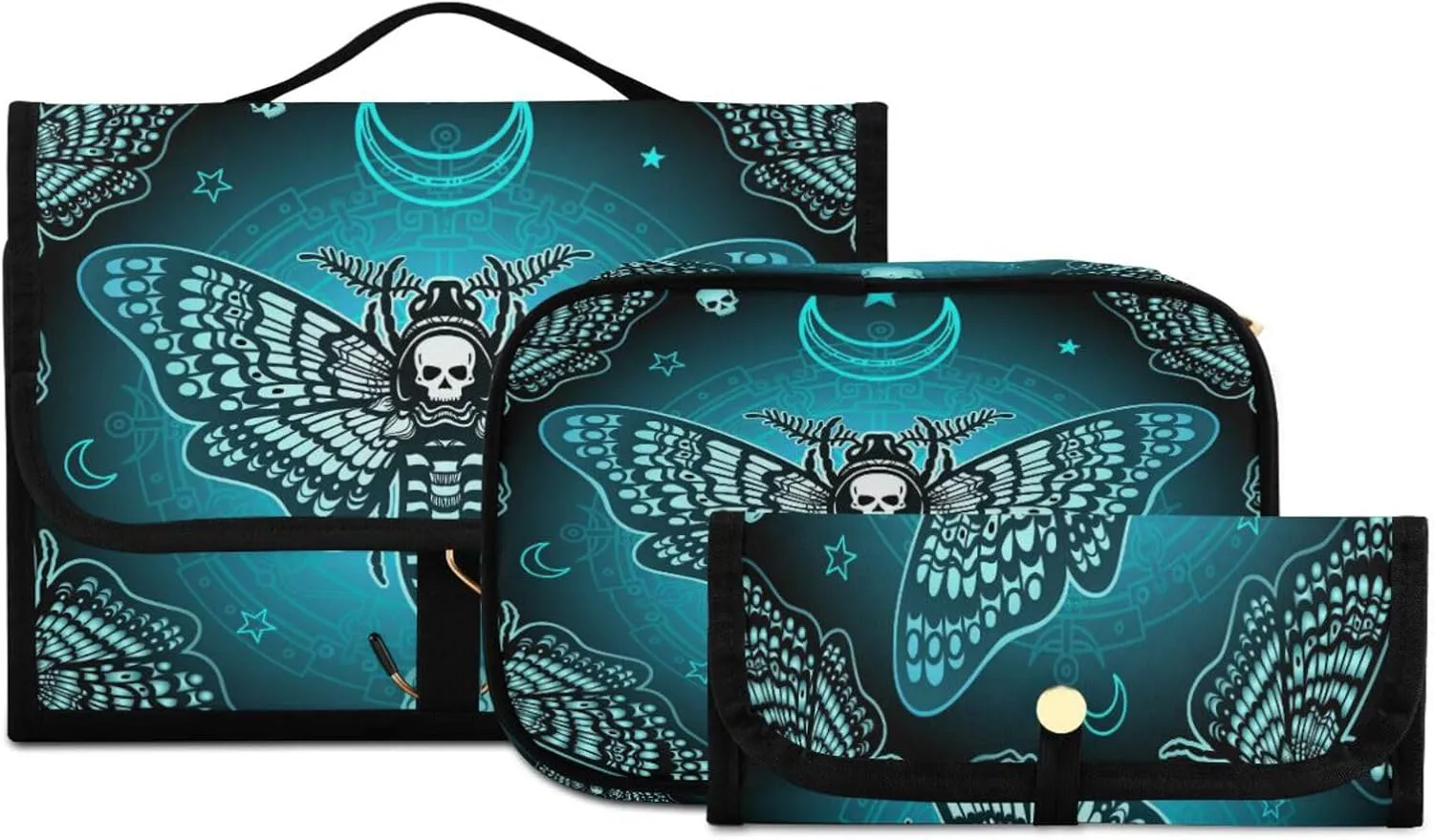 MNSRUU Goth Toiletry Bag Butterfly Skull Makeup Bag Gothic Hanging Travel Bag for Toiletries 3 PCS Toiletry Organizer Portable Makeup Cosmetic Bag Brushes Set