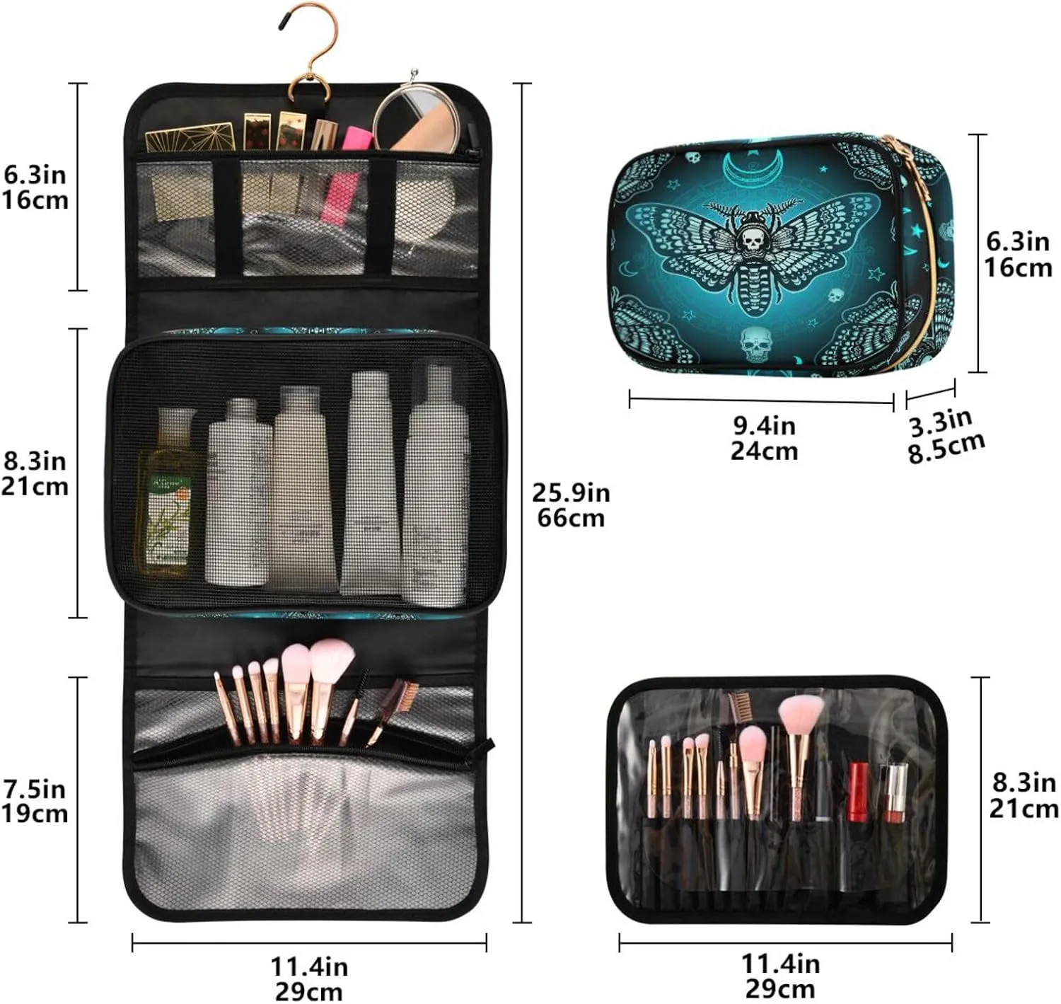 MNSRUU Goth Toiletry Bag Butterfly Skull Makeup Bag Gothic Hanging Travel Bag for Toiletries 3 PCS Toiletry Organizer Portable Makeup Cosmetic Bag Brushes Set