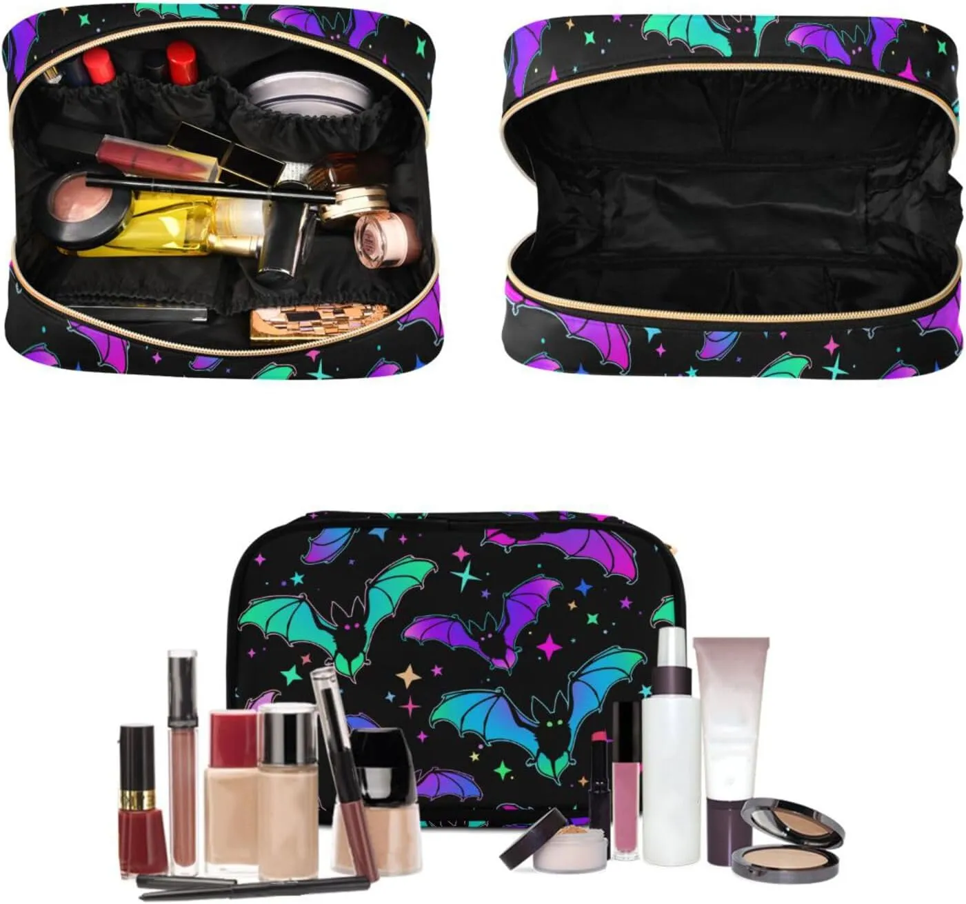 MNSRUU Goth Toiletry Bag Luminous Bat Makeup Bag Spooky Hanging Travel Bag for Toiletries 3 PCS Toiletry Organizer Portable Makeup Cosmetic Bag Brushes Set