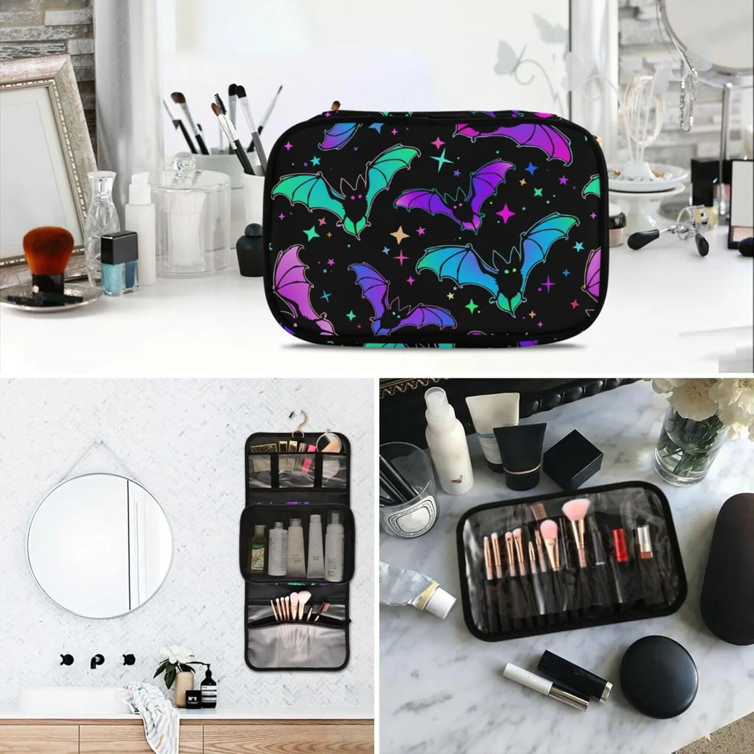 MNSRUU Goth Toiletry Bag Luminous Bat Makeup Bag Spooky Hanging Travel Bag for Toiletries 3 PCS Toiletry Organizer Portable Makeup Cosmetic Bag Brushes Set