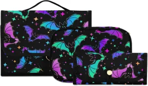 MNSRUU Goth Toiletry Bag Luminous Bat Makeup Bag Spooky Hanging Travel Bag for Toiletries 3 PCS Toiletry Organizer Portable Makeup Cosmetic Bag Brushes Set
