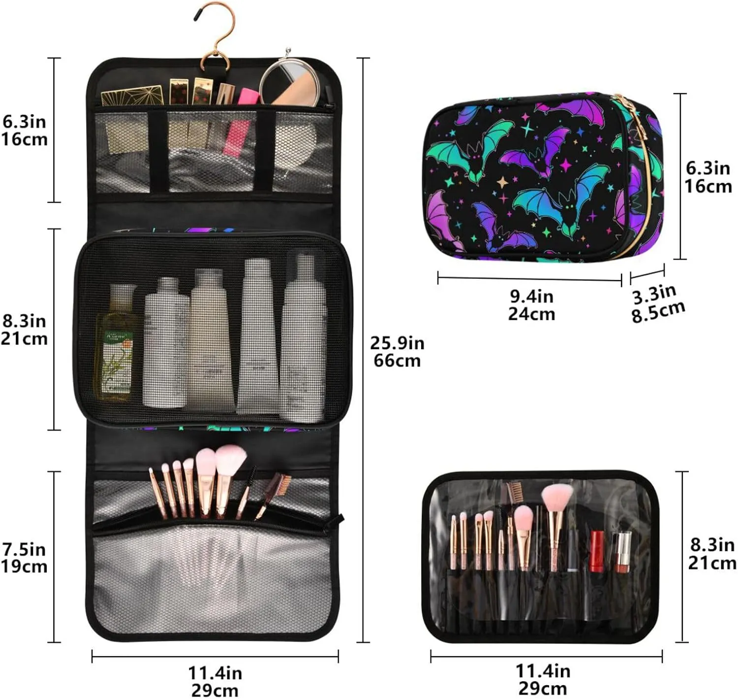 MNSRUU Goth Toiletry Bag Luminous Bat Makeup Bag Spooky Hanging Travel Bag for Toiletries 3 PCS Toiletry Organizer Portable Makeup Cosmetic Bag Brushes Set