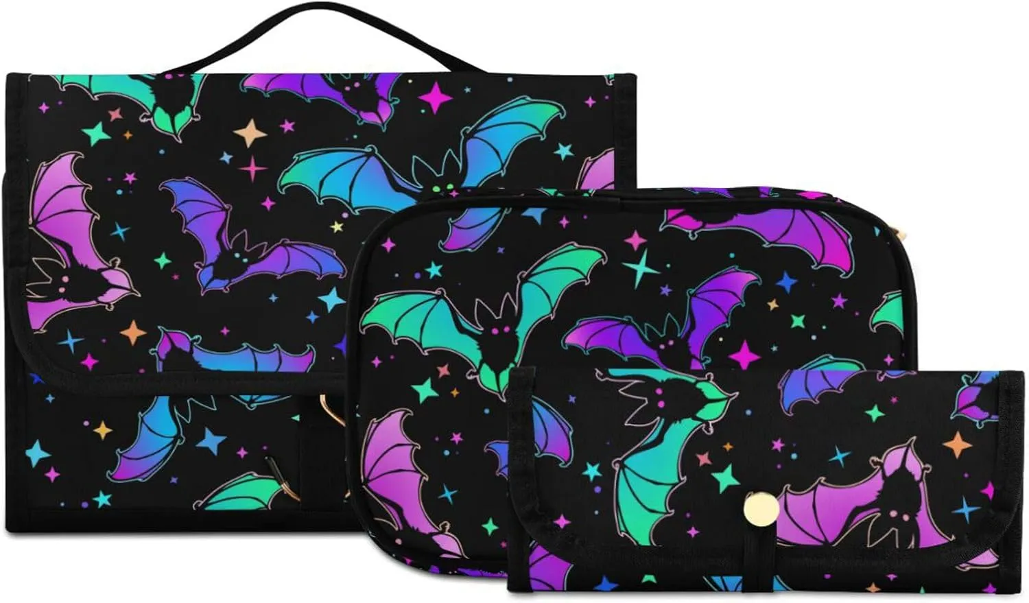 MNSRUU Goth Toiletry Bag Luminous Bat Makeup Bag Spooky Hanging Travel Bag for Toiletries 3 PCS Toiletry Organizer Portable Makeup Cosmetic Bag Brushes Set